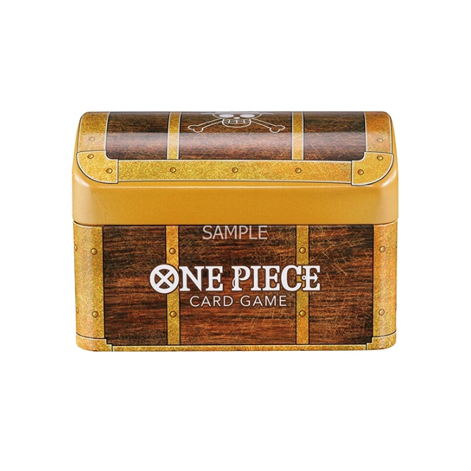 One Piece Card Game Treasure Chest Vol.1 metal storage tin with a brown wood-grain design and gold trim.