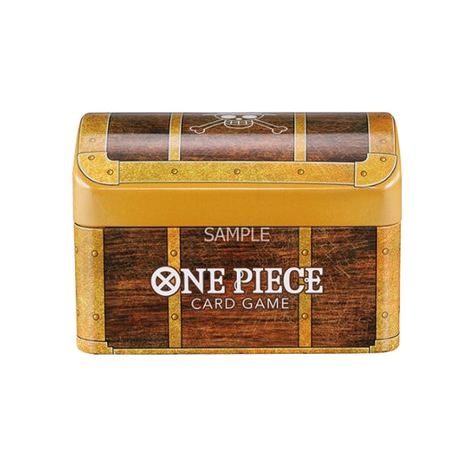 One Piece Card Game Treasure Chest Vol.1 metal storage tin with a brown wood-grain design and gold trim.