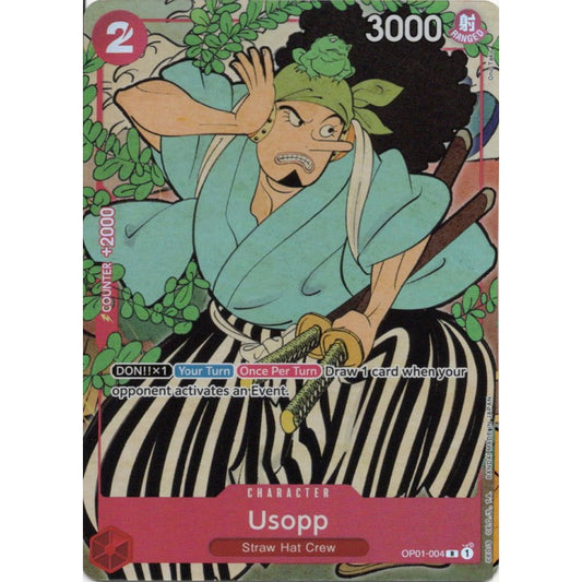 Usopp - EN Ver. 1st Anniversary card, featuring Usopp in a teal kimono and striped hakama, holding two katanas.