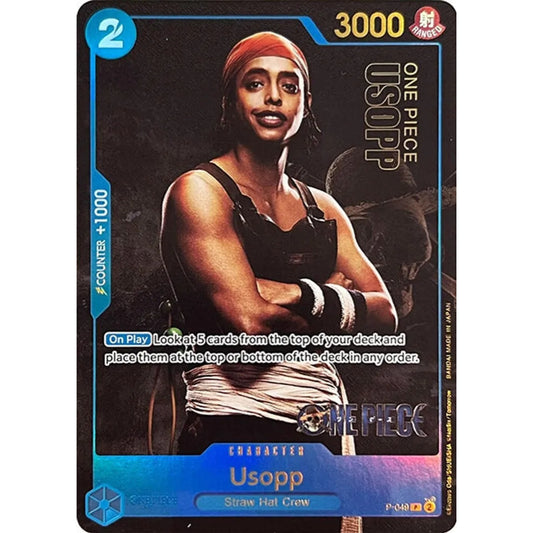 Usopp P-049 Live Action One Piece trading card featuring a character in a red bandana and black tank top.