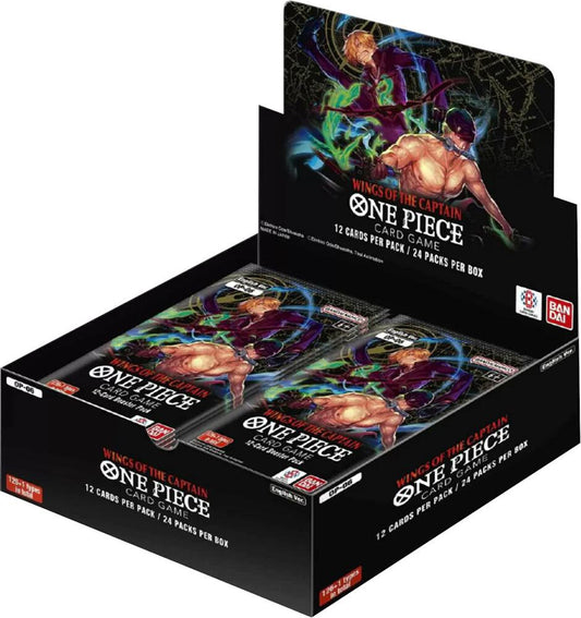 Black One Piece TCG: Wings of the Captain (OP-06) Booster Box with colorful anime art and multiple card packs.