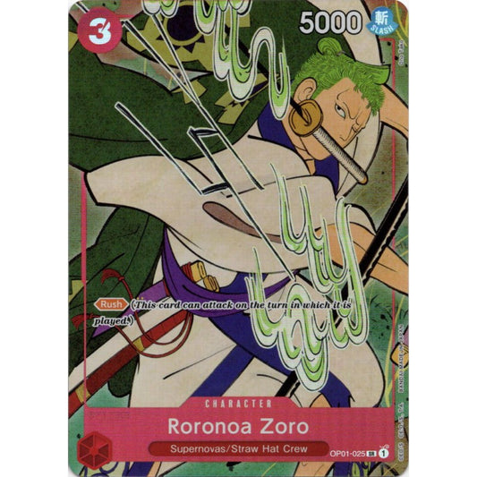 Zoro EN Ver. 1st Anniversary trading card featuring Roronoa Zoro with green hair and swords.