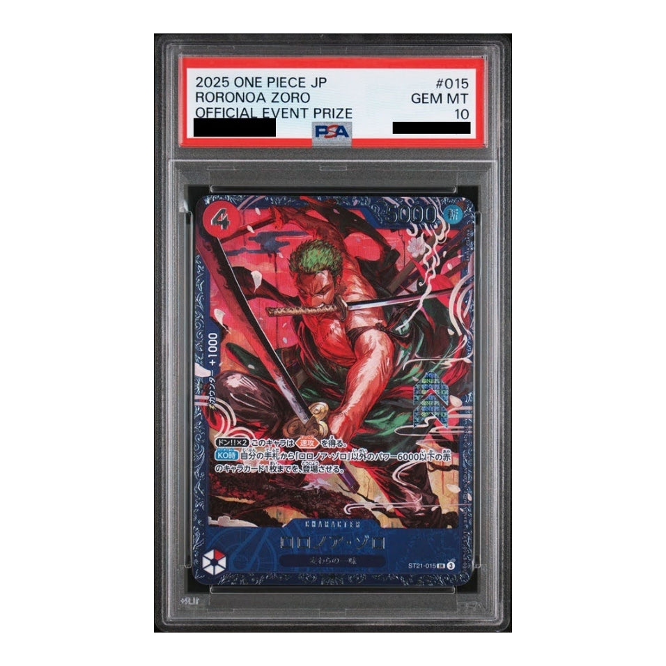 PSA 10 Japanese Roronoa Zoro ST21-015 One Piece Flagship Top-8 prize card featuring vibrant red and blue artwork.