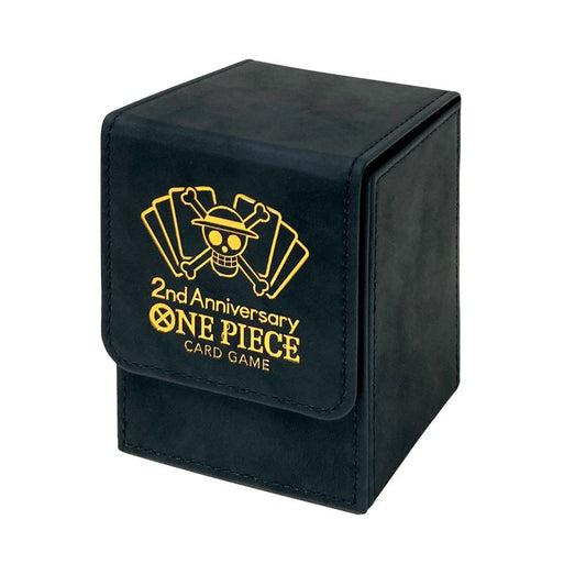 Black One Piece 2nd Anniversary deck case with gold foil logo and straw hat skull emblem, holds 60 sleeved cards.
