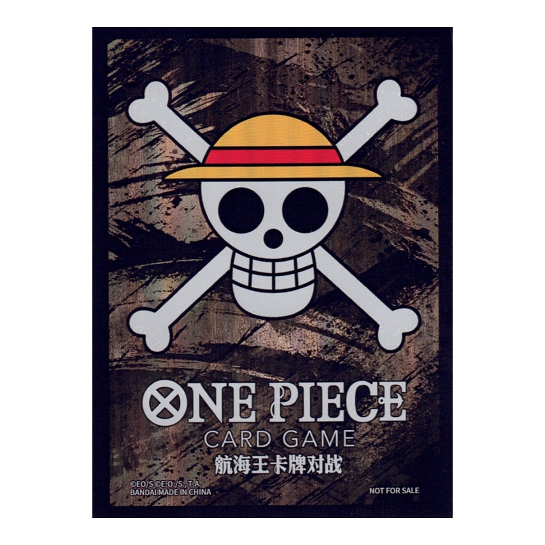 Foil One Piece card sleeve featuring a black distressed background and the iconic white Straw Hat Jolly Roger logo.