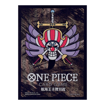 One Piece Card Game foil sleeve featuring a colorful Buggy the Clown Jolly Roger emblem on a dark, textured background.