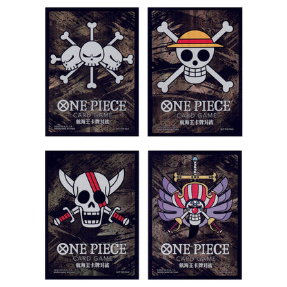 Set of four One Piece foil card sleeves featuring iconic Jolly Roger skull designs on a dark, textured background.