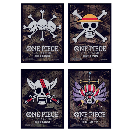 Set of four One Piece foil card sleeves featuring iconic Jolly Roger skull designs on a dark, textured background.