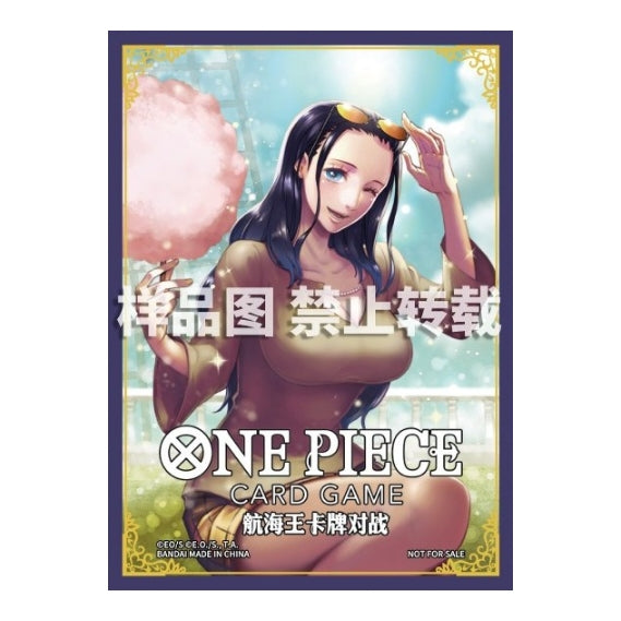 One Piece Card Game protective sleeve featuring Nico Robin with cotton candy, gold border, and foil finish.