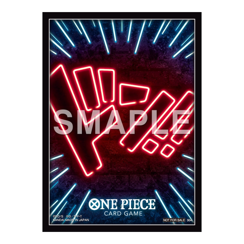 One Piece Don! card sleeve featuring a red neon hand design on a dark brick background with blue light accents.