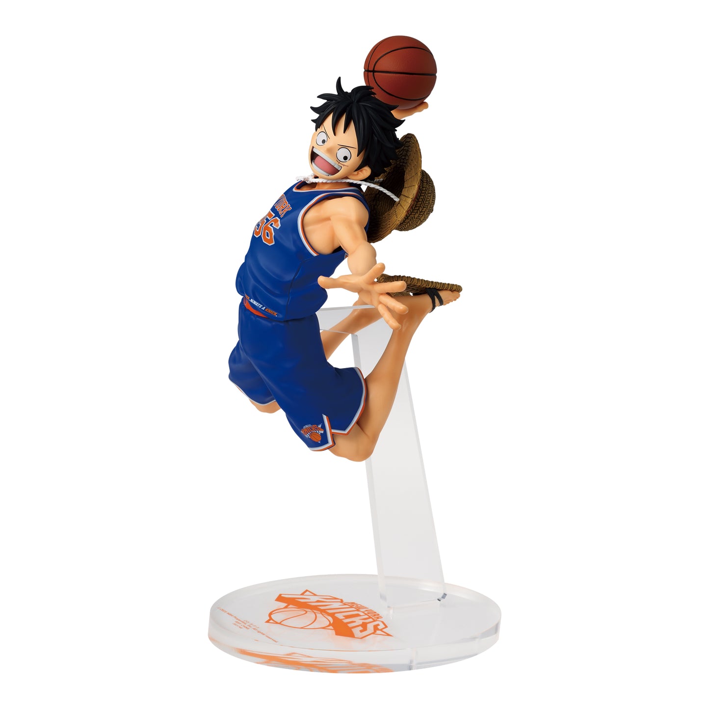 Monkey D. Luffy figure wearing a blue NBA jersey, dunking a basketball on a clear stand with a straw hat on his back.