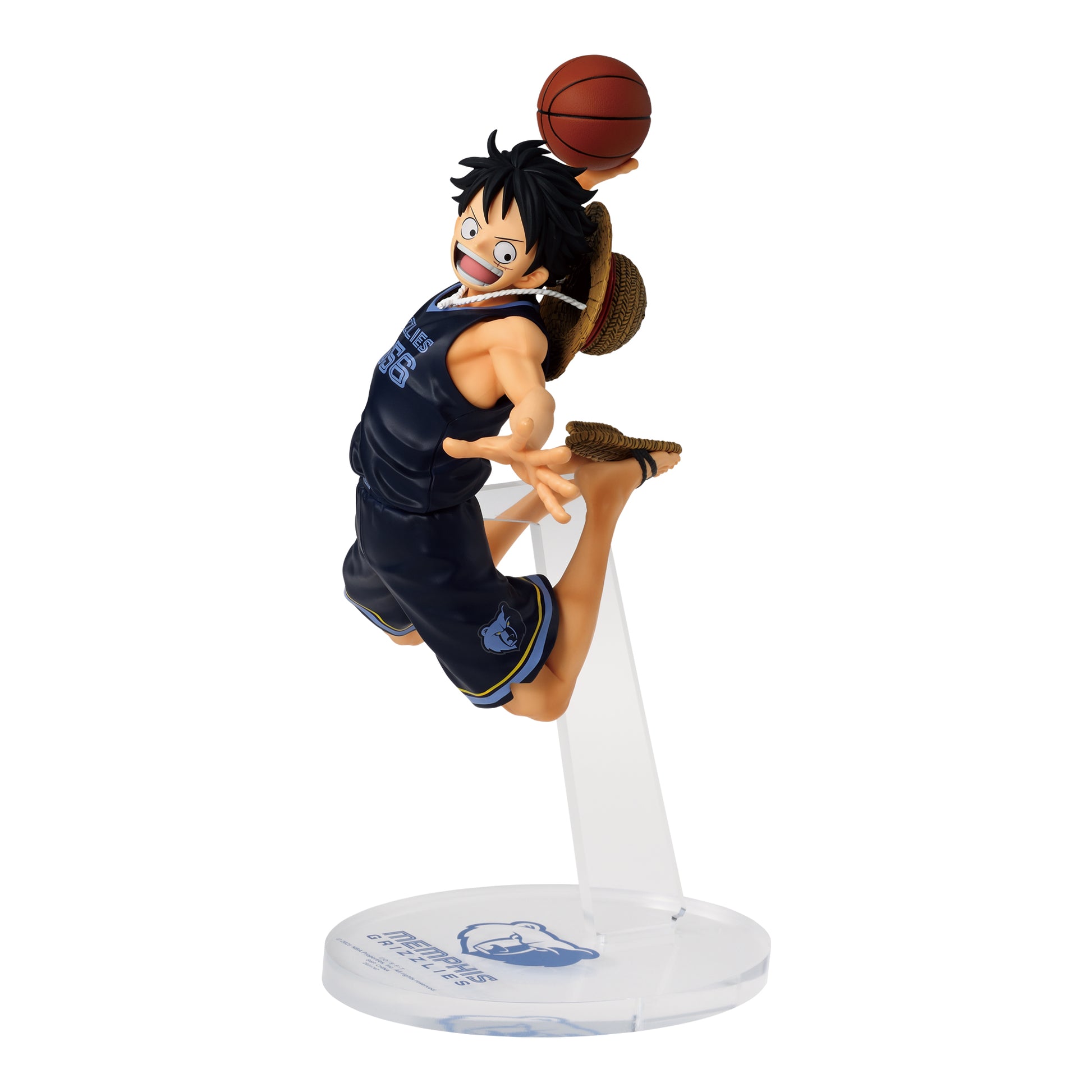 Monkey D. Luffy figure in a navy Memphis Grizzlies jersey mid-dunk, featuring his signature straw hat on a clear stand.