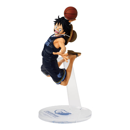 Monkey D. Luffy figure in a navy Memphis Grizzlies jersey mid-dunk, featuring his signature straw hat on a clear stand.