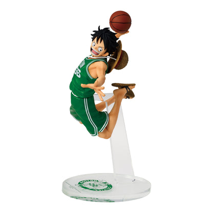Monkey D. Luffy figure in a green Boston Celtics jersey dunking a basketball on a clear display stand.