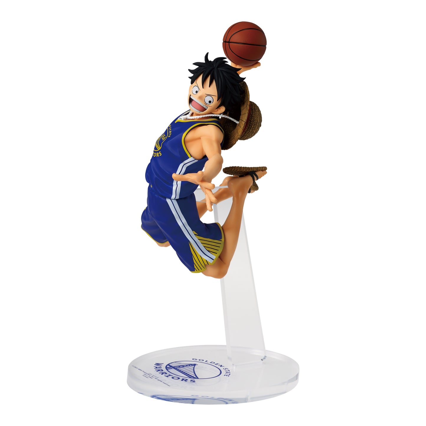 Monkey D. Luffy figure in a Golden State Warriors jersey performing a basketball dunk on a clear display stand.