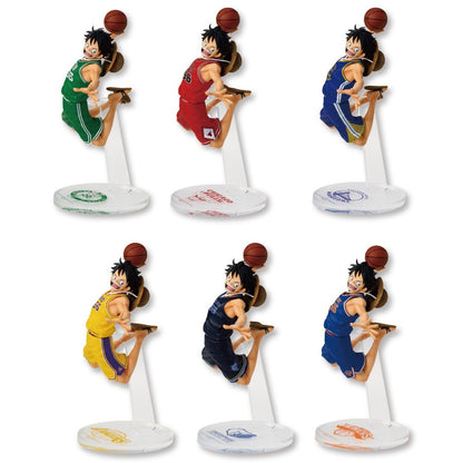 Six Monkey D. Luffy figures in various NBA team jerseys performing a basketball dunk on clear display stands.