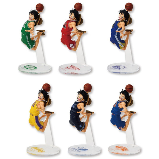 Six Monkey D. Luffy figures in various NBA team jerseys performing a basketball dunk on clear display stands.