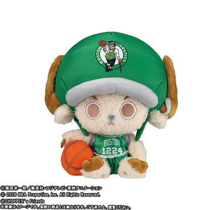 20cm plush of One Piece's Chopper wearing a green Boston Celtics jersey and cap, holding a small basketball.