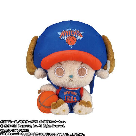 Tony Tony Chopper plush wearing a blue and orange New York Knicks jersey and cap, holding a basketball, 20cm tall.