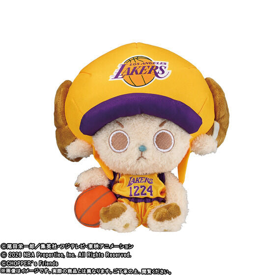 20cm Chopper plush wearing a yellow and purple Los Angeles Lakers cap and jersey, holding a small basketball.