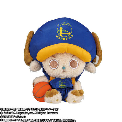 20cm plush of One Piece's Chopper wearing a blue and yellow Golden State Warriors cap and jersey, holding a basketball.