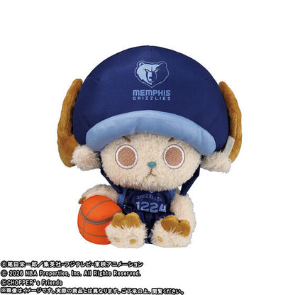 20cm plush of One Piece's Chopper wearing a blue Memphis Grizzlies jersey and cap, holding a small orange basketball.