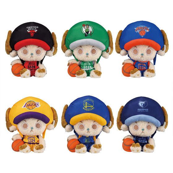 Six 20cm plush Chopper toys wearing colorful NBA team jerseys and hats, featuring polyester fabric and basketball accessories.