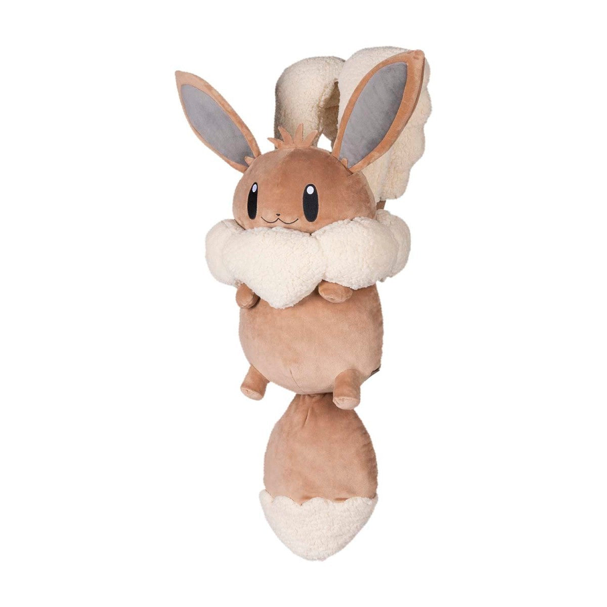 Plush brown Eevee backpack with fluffy cream-colored collar, large ears, and thick padded shoulder straps.