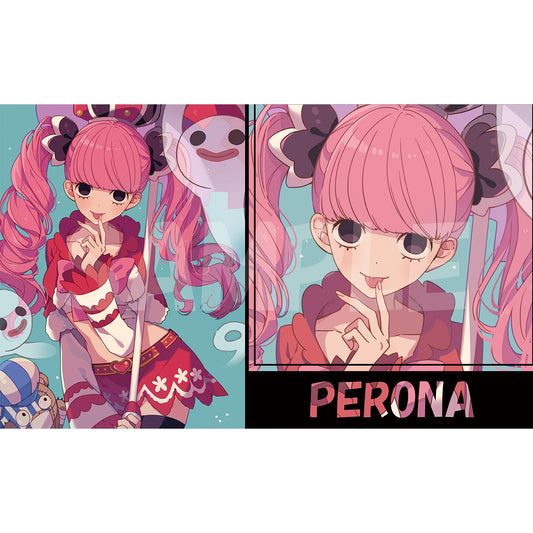 Perona rubber playmat featuring pink-haired anime character, red outfit, and ghost figures on a blue background.