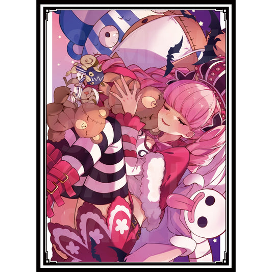 Perona anime card sleeve with pink-haired girl cuddling teddy bears, surrounded by cute characters.