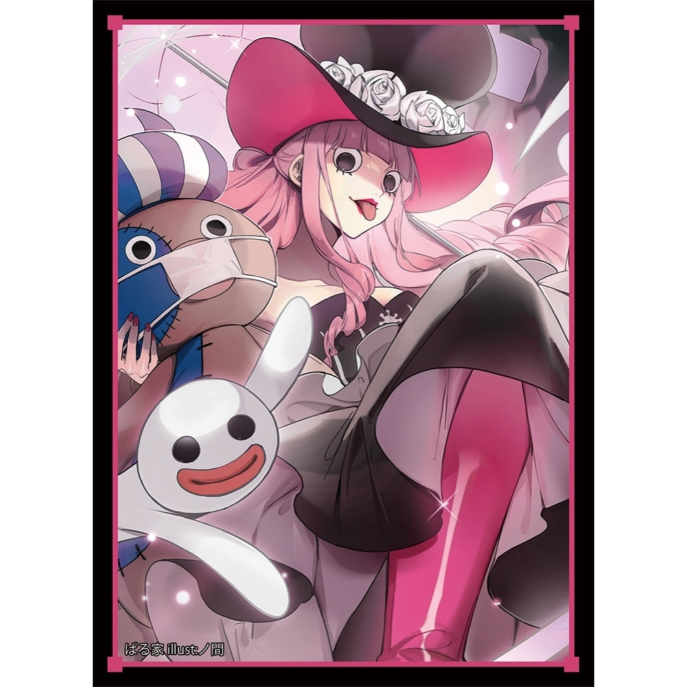 Perona card sleeve featuring pink-haired anime character with plush toys, framed by a vibrant pink border.
