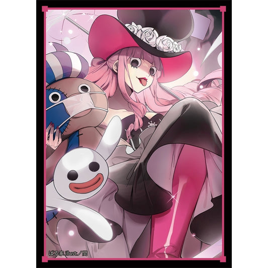 Perona card sleeve featuring pink-haired anime character with plush toys, framed by a vibrant pink border.