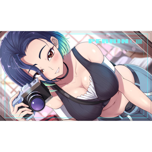 Perrin rubber playmat with anime girl holding a camera, dark blue hair with teal tips, and a black top.