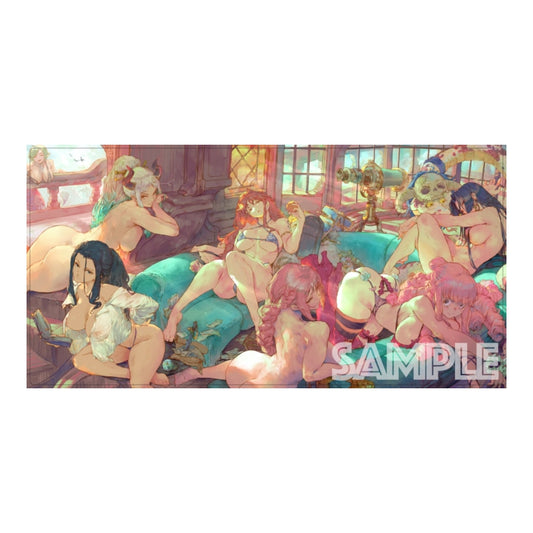 EATOS Pirate Girls rubber playmat featuring an anime-style illustration of women on a teal sofa, 50x35cm polyester surface.
