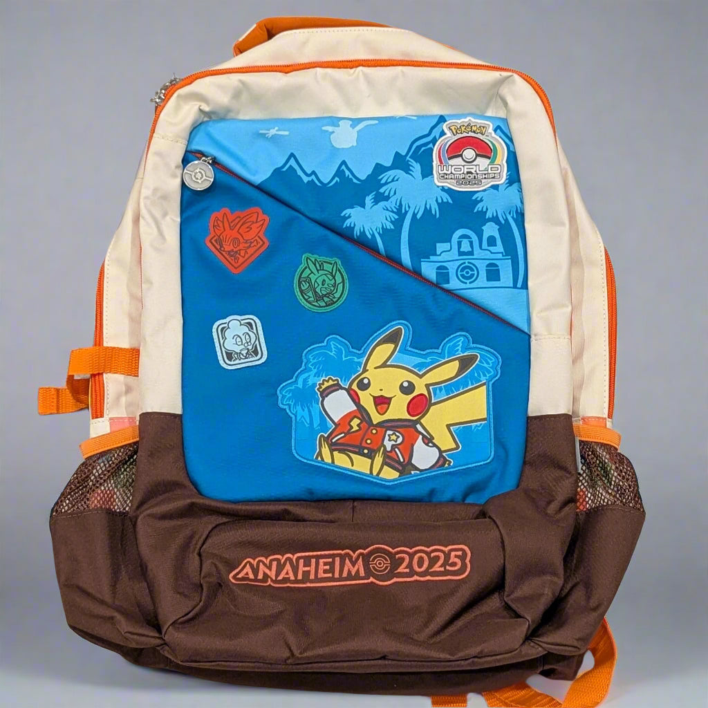Blue, cream, and brown Pokémon 2025 WCS Anaheim backpack featuring a Pikachu graphic, embroidered patches, and side mesh pockets.