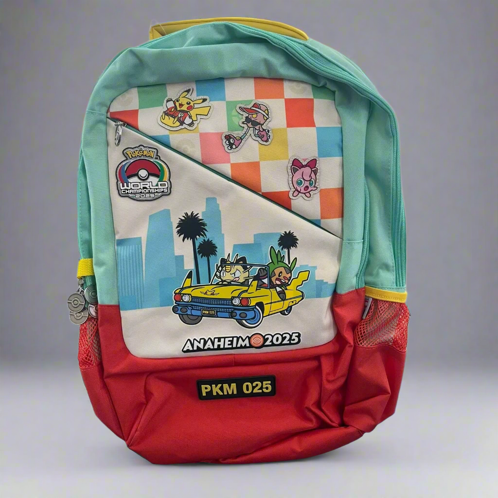 Colorful 2025 WCS Anaheim Pokémon backpack featuring a checkered pattern, character patches, and a yellow car graphic.
