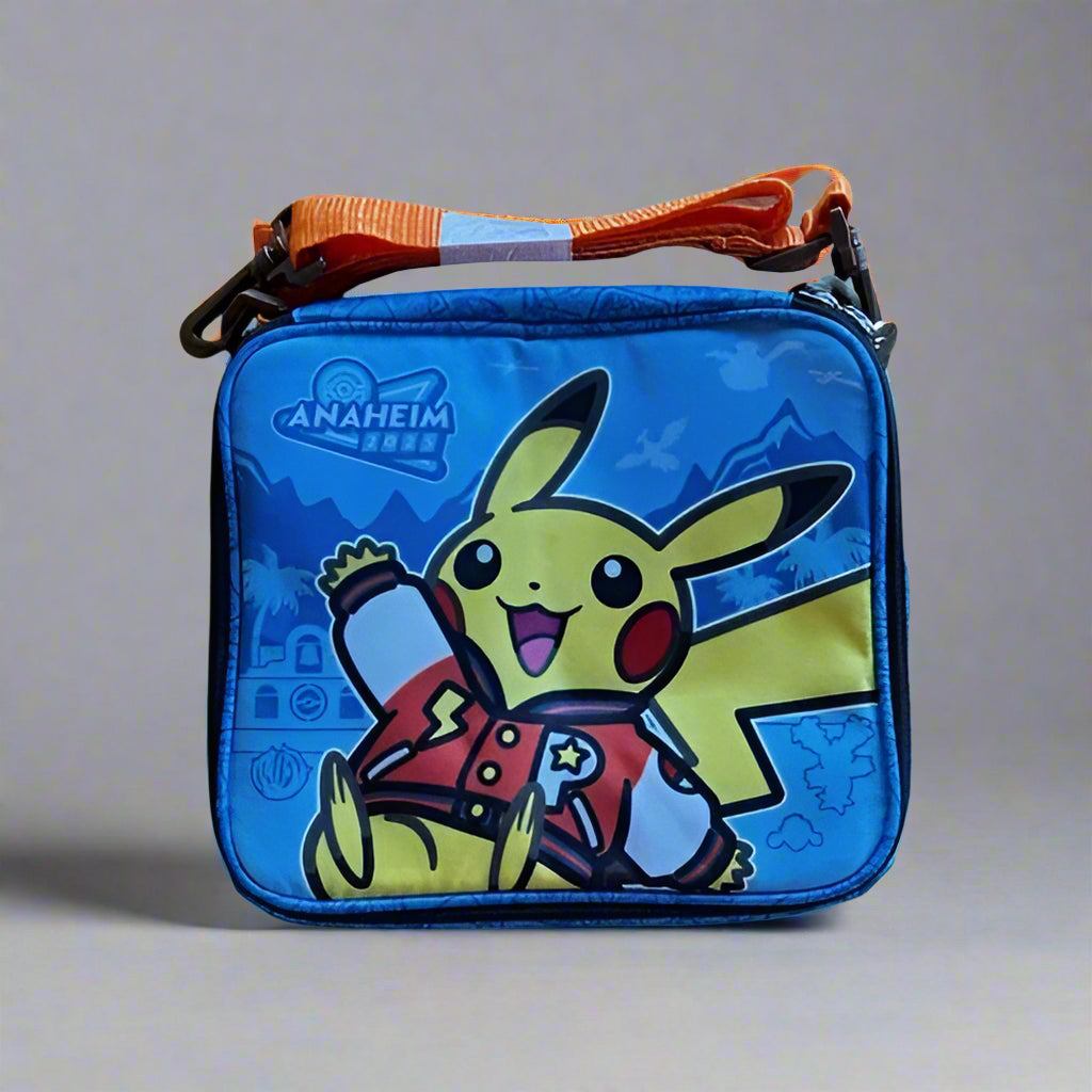 Blue Pokémon 2025 WCS pin collector shoulder bag featuring Pikachu in a varsity jacket and an Anaheim 2025 logo.