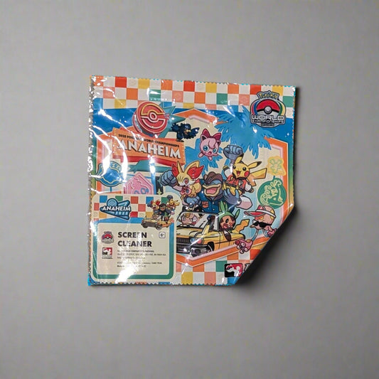 Pokémon 2025 WCS Anaheim screen cleaning cloth in colorful checkered packaging featuring Pikachu and friends.