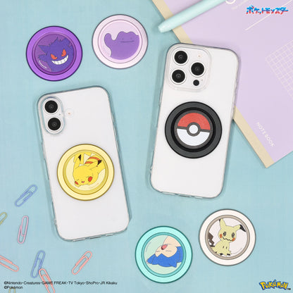 Pokémon CHIP-POP smartphone grips featuring Gengar, Ditto, Pikachu, Poké Ball, Snorlax, and Mimikyu designs on a blue background.