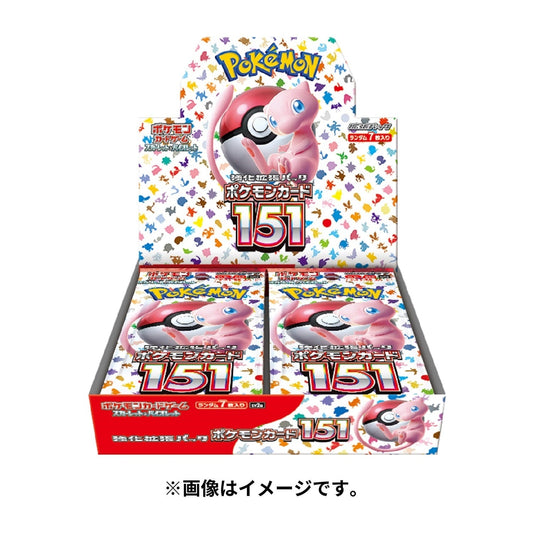 Japanese Pokémon 151 Booster Box display with Mew and Poké Ball art, containing multiple sealed booster packs.