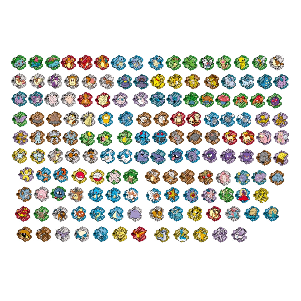 Collection of 151 colorful Pokémon puzzle fridge magnets featuring iconic characters in hexagonal frames on a white background.