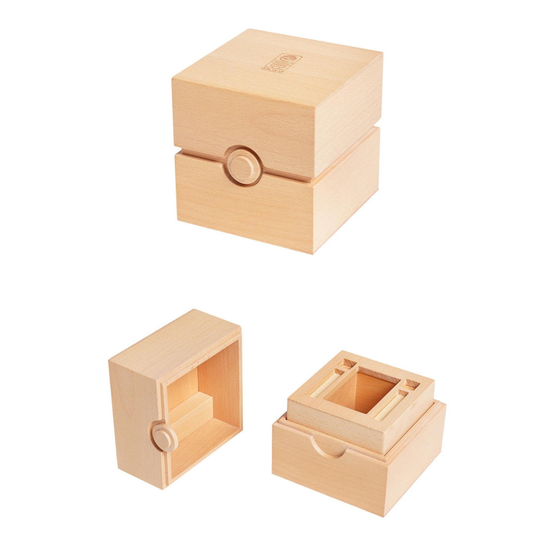 Light wood Pokémon 1st Anniversary Collection Box, shown closed and open with internal compartments.