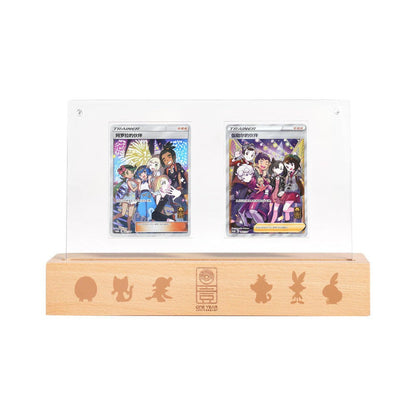 Pokémon 1st Anniversary wooden display frame with two special illustration cards in clear acrylic.