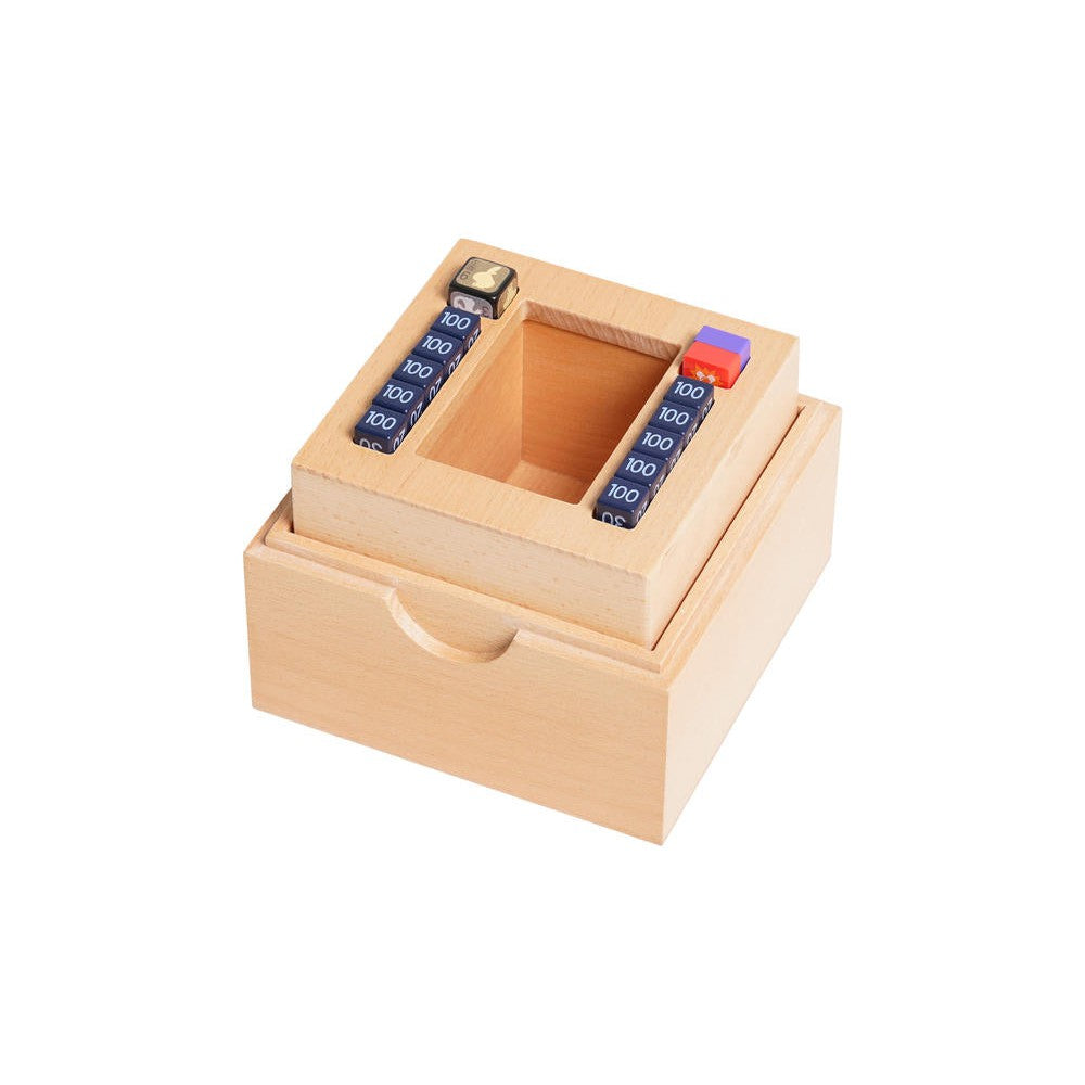 Light wood Pokémon 1st anniversary dice and counter set with a square display frame and storage box.