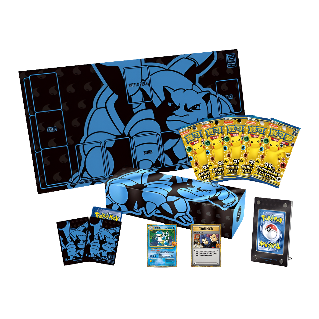 Pokémon 25th Anniversary Collection box featuring a Blastoise playmat, storage box, card sleeves, booster packs, and promo cards.