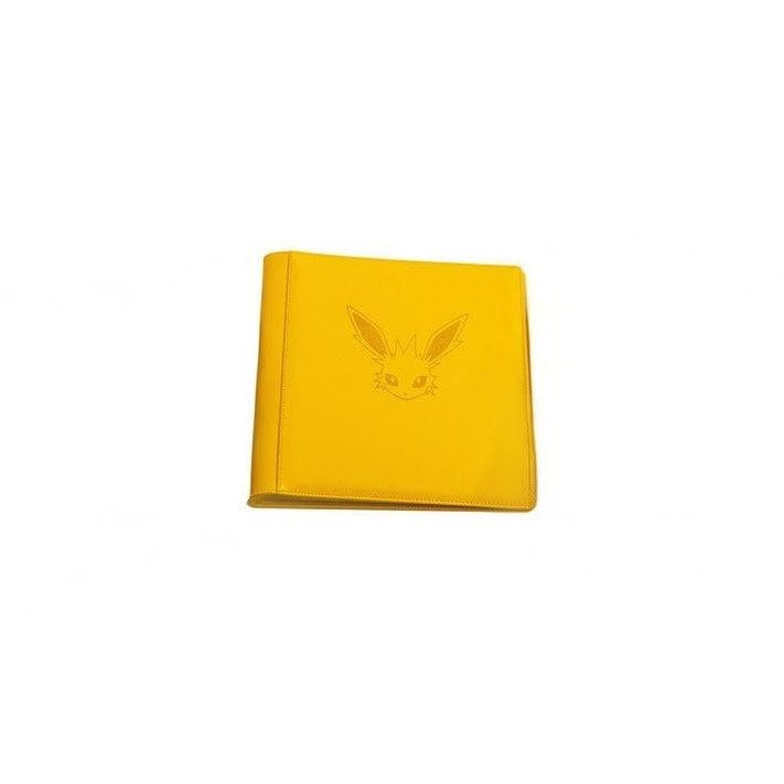 Yellow Pokémon Eevee card binder with a protective exterior, measuring 14 by 10.5 inches for secure card storage.
