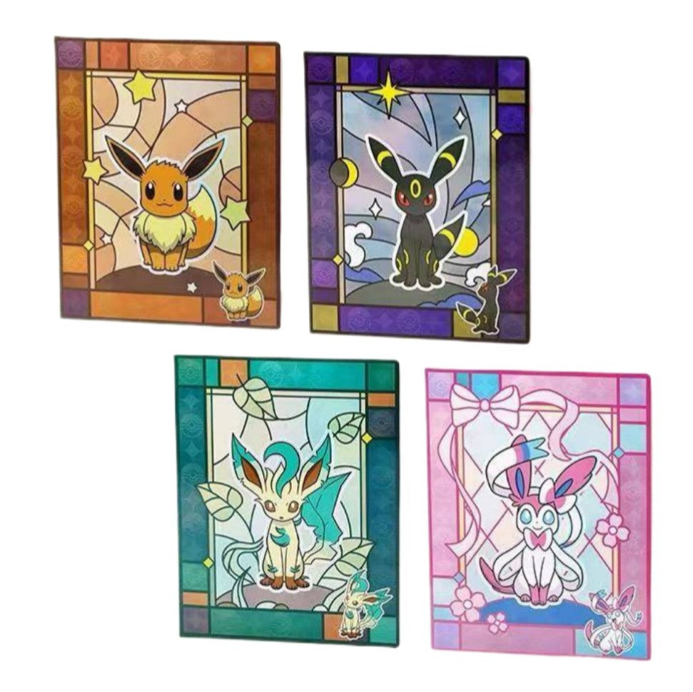 Four Pokémon 9-pocket card binders featuring Eevee, Umbreon, Leafeon, and Sylveon in colorful stained-glass art designs.