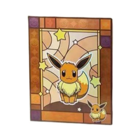Pokémon 9-pocket card binder featuring a stained-glass Eevee design with warm orange and purple tones and star accents.