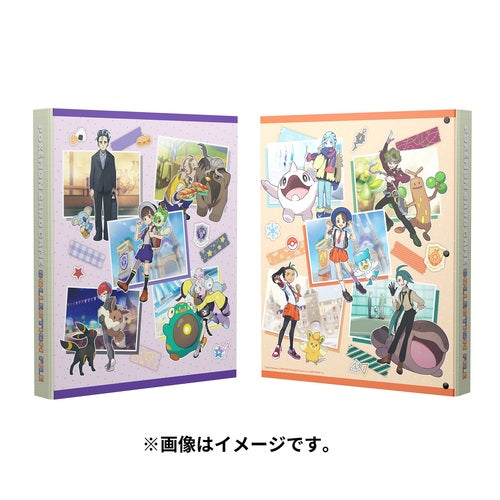 Two Pokémon Card Game binders: one purple with Paldea trainers and Eevee, one orange with more trainers and Pokémon.