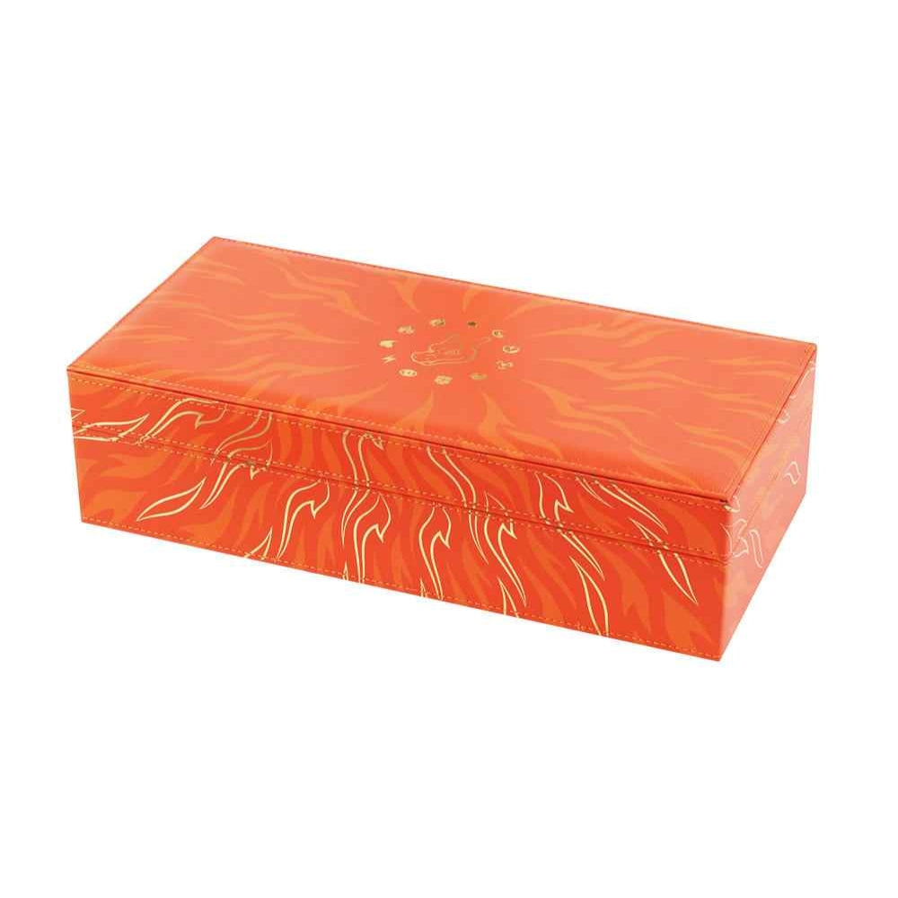 Orange faux leather Pokémon Charizard VSTAR Collection Box with gold flame patterns and logo.